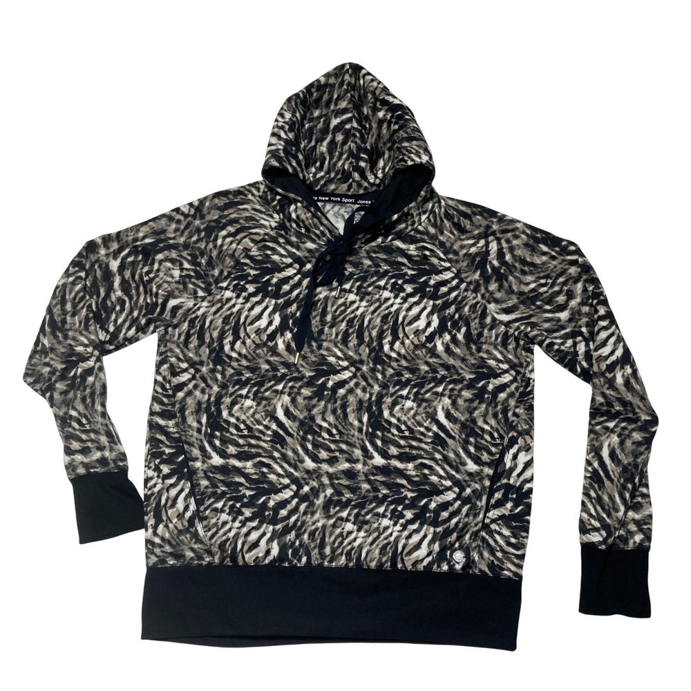 Jones New York Sport Womens Tiger Animal Print Pullover Hoodie Gray Black L